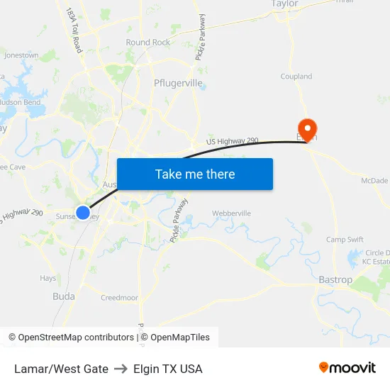 Lamar/West Gate to Elgin TX USA map