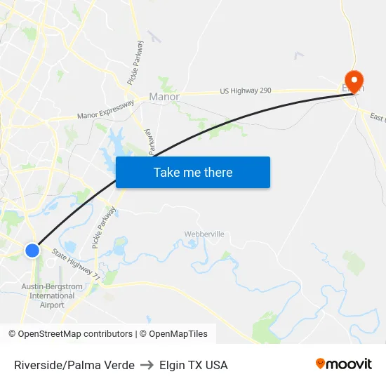 Riverside/Palma Verde to Elgin TX USA map
