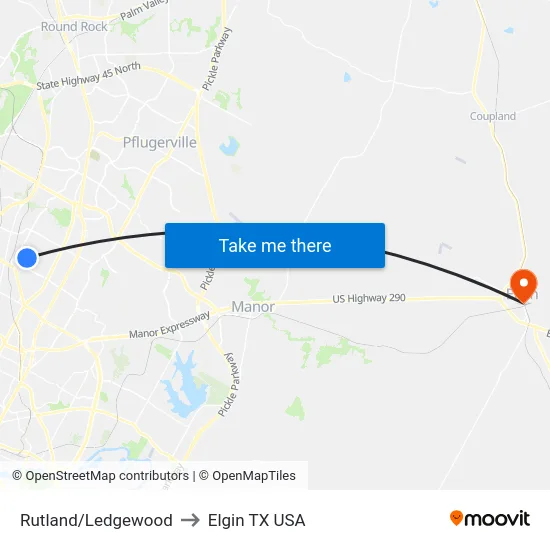 Rutland/Ledgewood to Elgin TX USA map