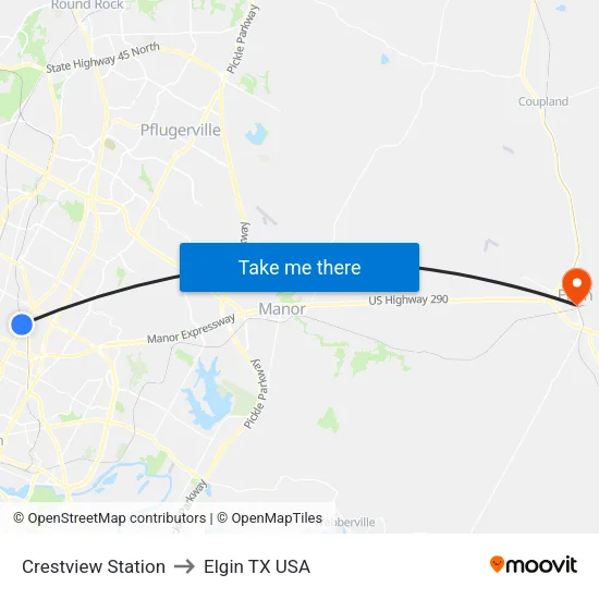 Crestview Station to Elgin TX USA map