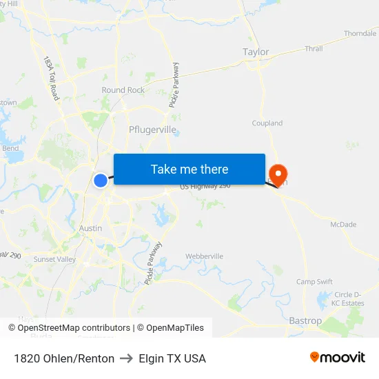 1820 Ohlen/Renton to Elgin TX USA map