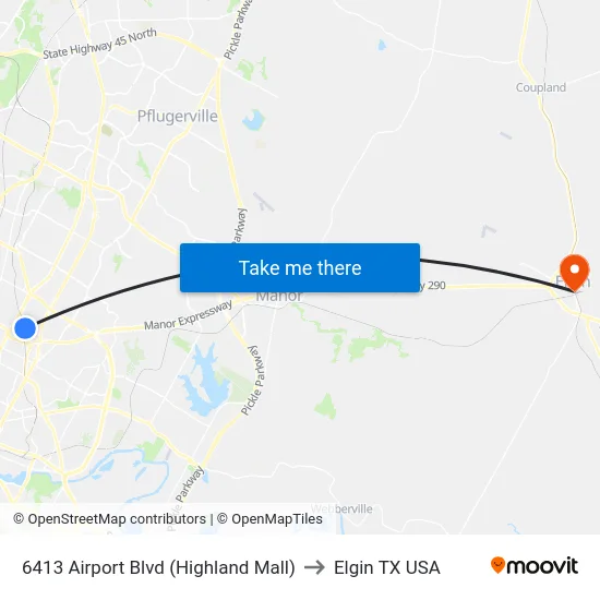6413 Airport Blvd (Highland Mall) to Elgin TX USA map