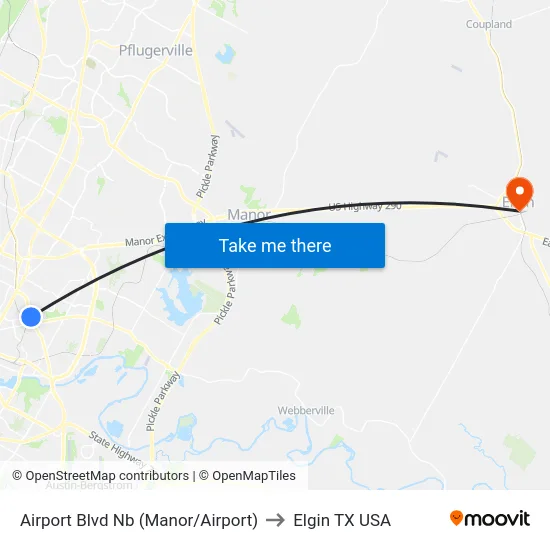 Airport Blvd Nb (Manor/Airport) to Elgin TX USA map