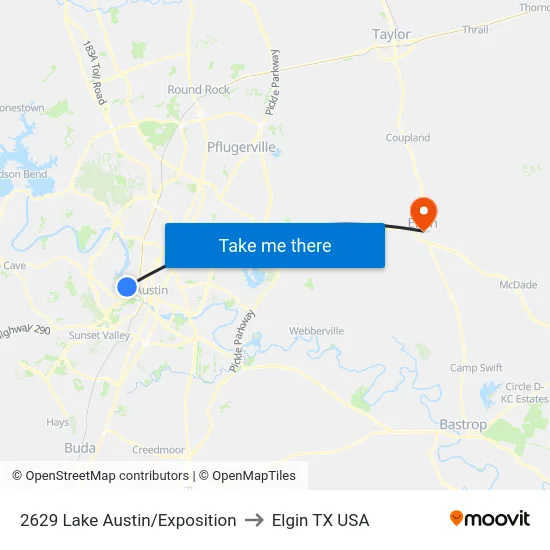 2629 Lake Austin/Exposition to Elgin TX USA map