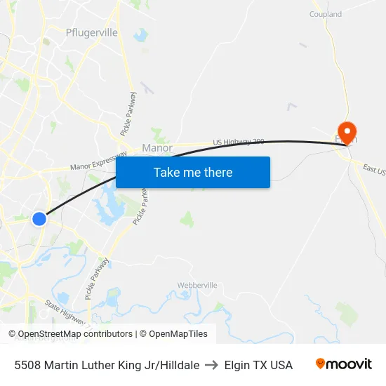 5508 Martin Luther King Jr/Hilldale to Elgin TX USA map