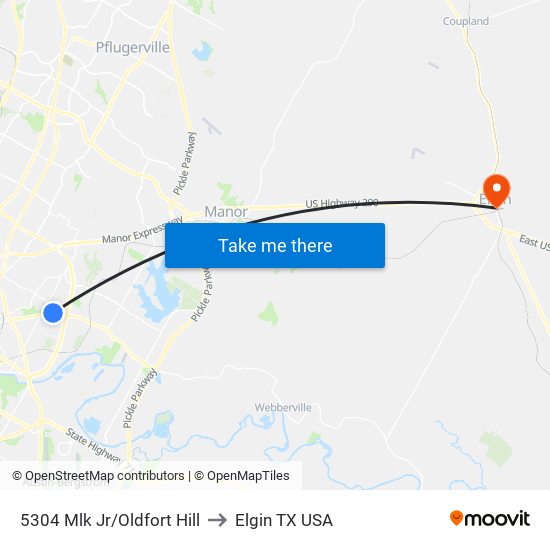 5304  Mlk Jr/Oldfort Hill to Elgin TX USA map