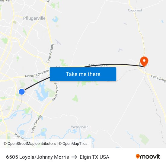 6505 Loyola/Johnny Morris to Elgin TX USA map