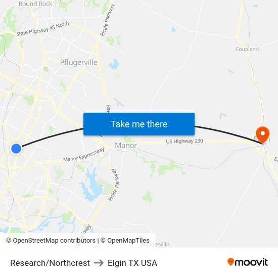Research/Northcrest to Elgin TX USA map