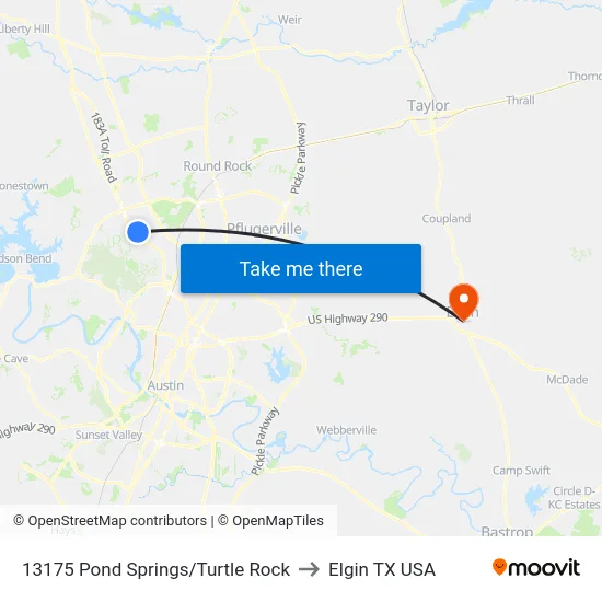 13175 Pond Springs/Turtle Rock to Elgin TX USA map