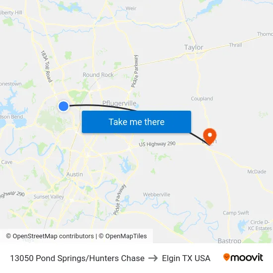 13050 Pond Springs/Hunters Chase to Elgin TX USA map