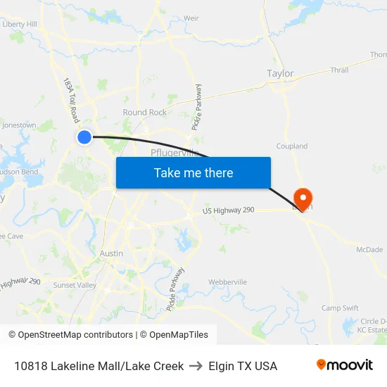 10818 Lakeline Mall/Lake Creek to Elgin TX USA map