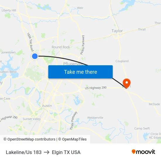 Lakeline/Us 183 to Elgin TX USA map