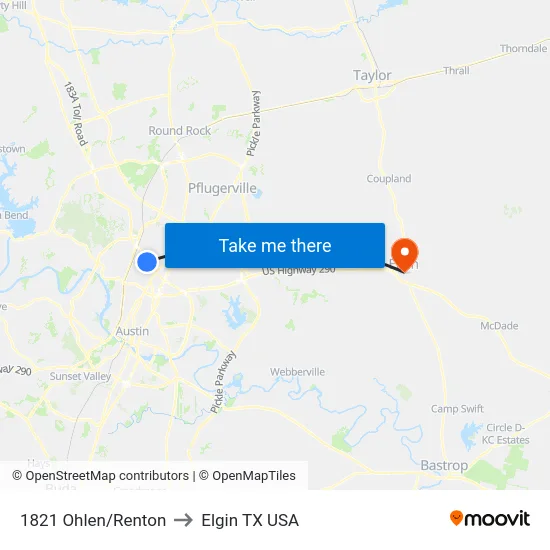 1821 Ohlen/Renton to Elgin TX USA map