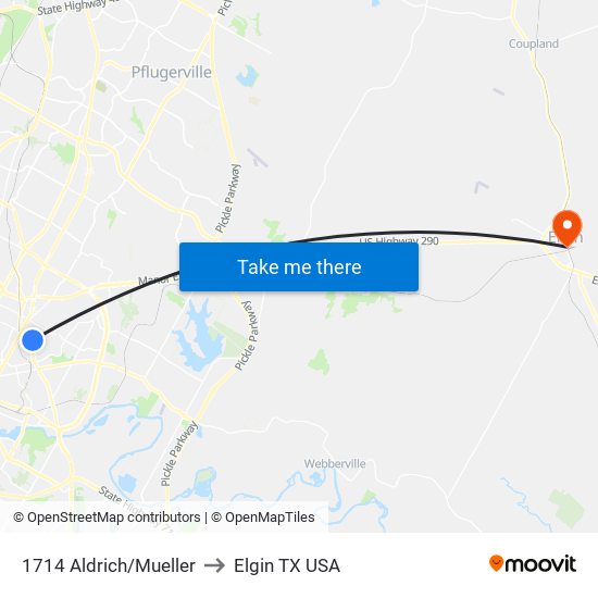 1714 Aldrich/Mueller to Elgin TX USA map