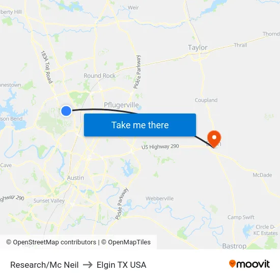 Research/Mc Neil to Elgin TX USA map