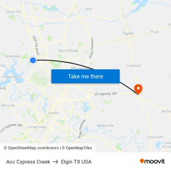 Acc Cypress Creek to Elgin TX USA map