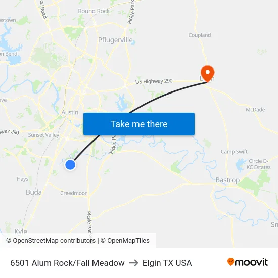 6501 Alum Rock/Fall Meadow to Elgin TX USA map
