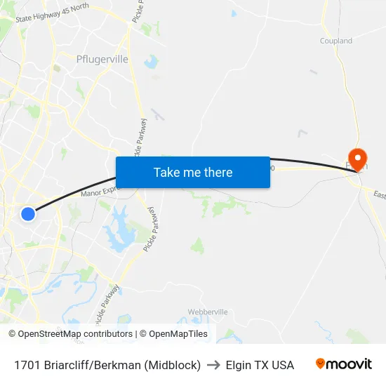 1701 Briarcliff/Berkman (Midblock) to Elgin TX USA map