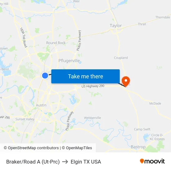Braker/Road A (Ut-Prc) to Elgin TX USA map