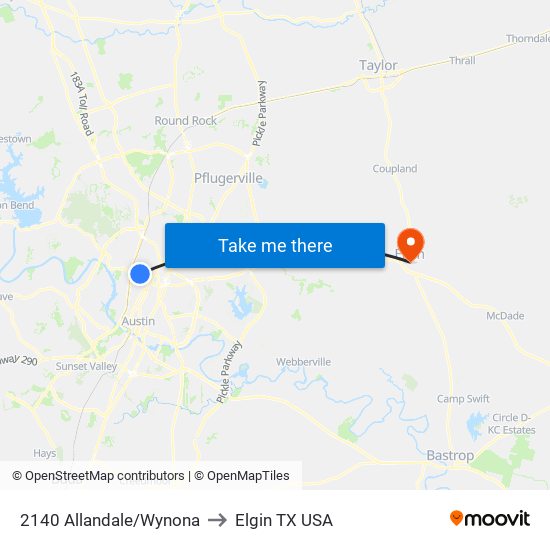 2140 Allandale/Wynona to Elgin TX USA map