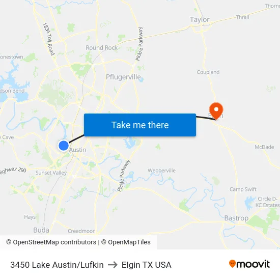 3450 Lake Austin/Lufkin to Elgin TX USA map