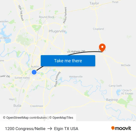 1200 Congress/Nellie to Elgin TX USA map