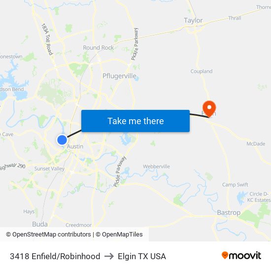 3418 Enfield/Robinhood to Elgin TX USA map