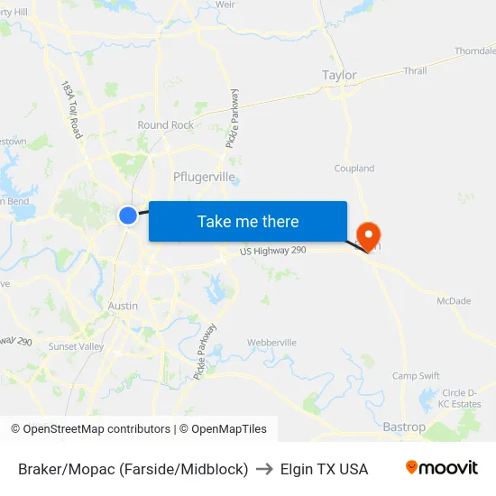 Braker/Mopac (Farside/Midblock) to Elgin TX USA map