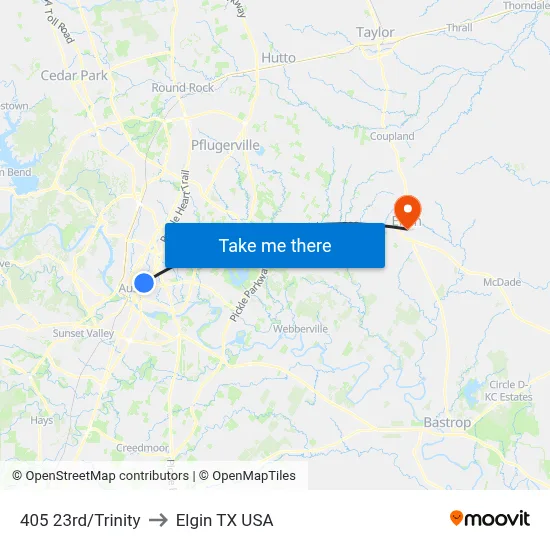 405 23rd/Trinity to Elgin TX USA map