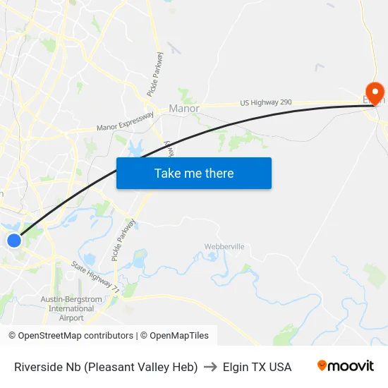 Riverside Nb (Pleasant Valley Heb) to Elgin TX USA map