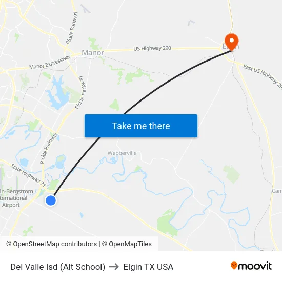 Del Valle Isd (Alt School) to Elgin TX USA map