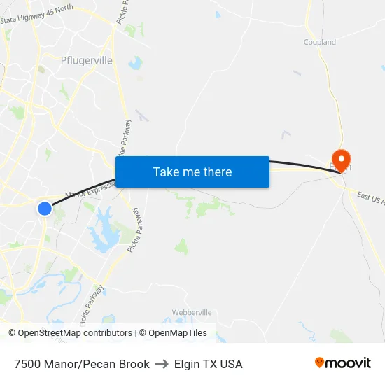 7500 Manor/Pecan Brook to Elgin TX USA map