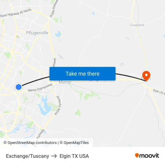 Exchange/Tuscany to Elgin TX USA map