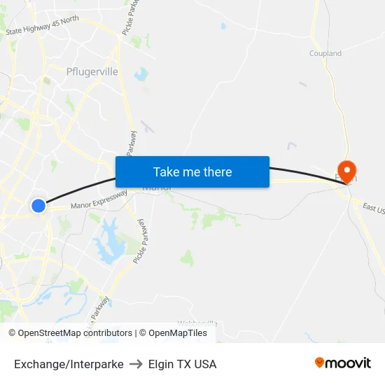 Exchange/Interparke to Elgin TX USA map