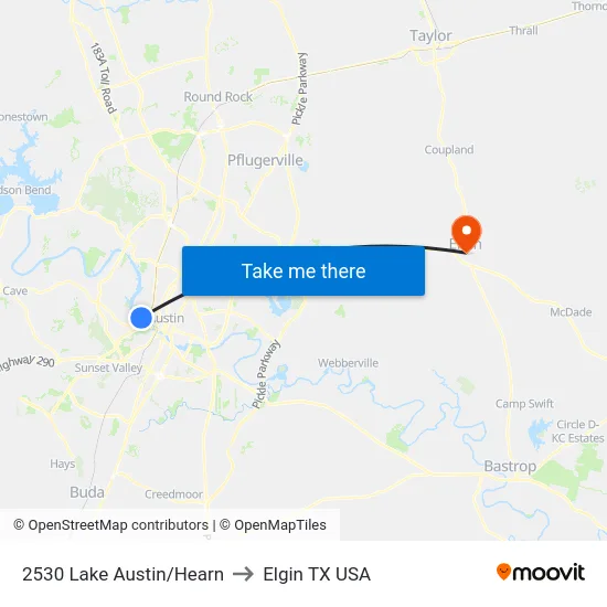 2530 Lake Austin/Hearn to Elgin TX USA map