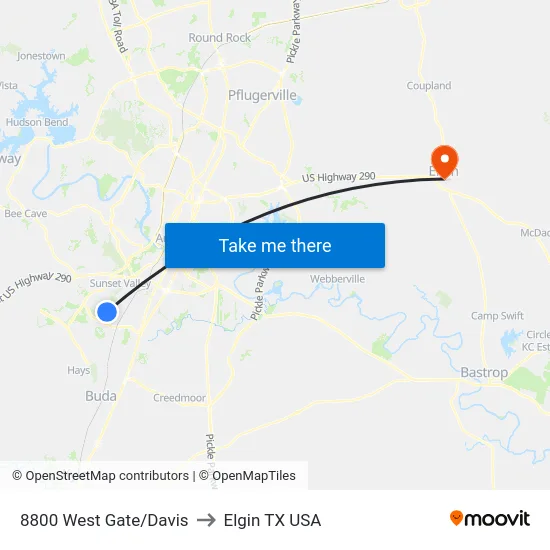 8800 West Gate/Davis to Elgin TX USA map