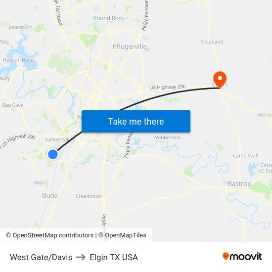 West Gate/Davis to Elgin TX USA map