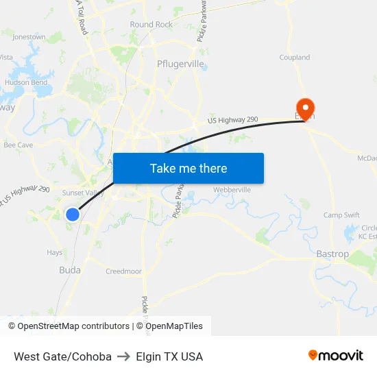 West Gate/Cohoba to Elgin TX USA map