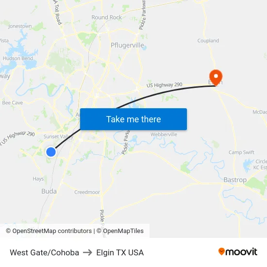 West Gate/Cohoba to Elgin TX USA map