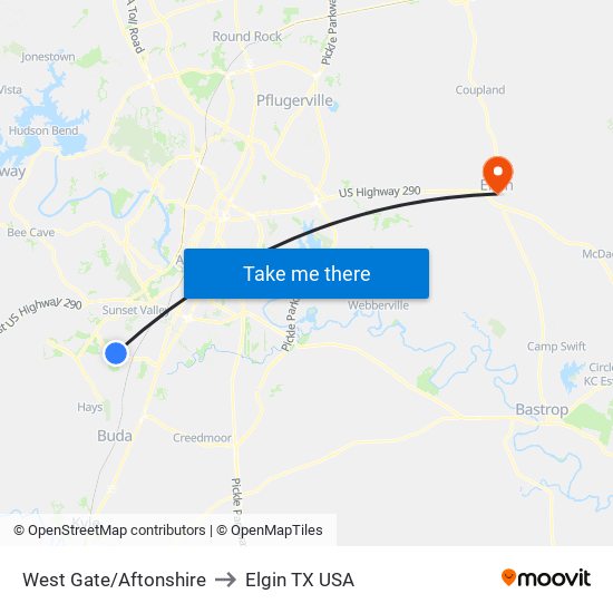 West Gate/Aftonshire to Elgin TX USA map