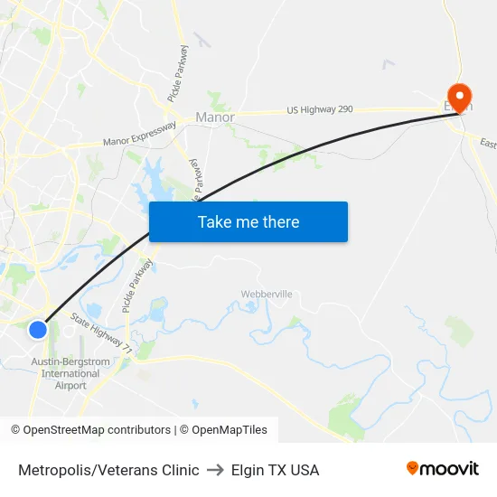 Metropolis/Veterans Clinic to Elgin TX USA map