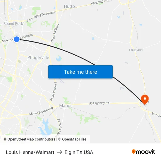 Louis Henna/Walmart to Elgin TX USA map