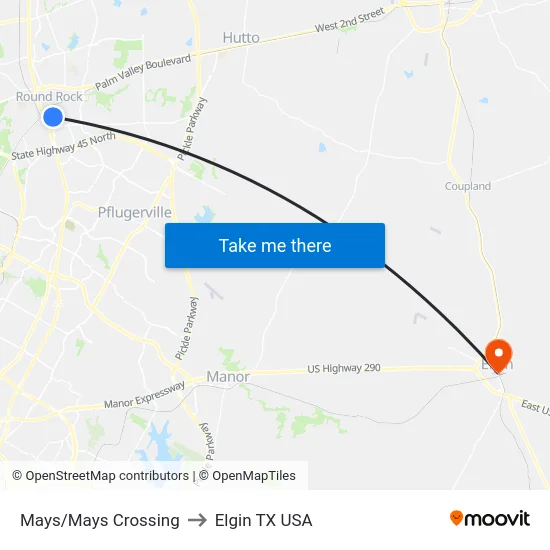 Mays/Mays Crossing to Elgin TX USA map