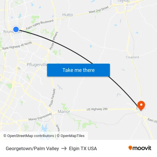Georgetown/Palm Valley to Elgin TX USA map