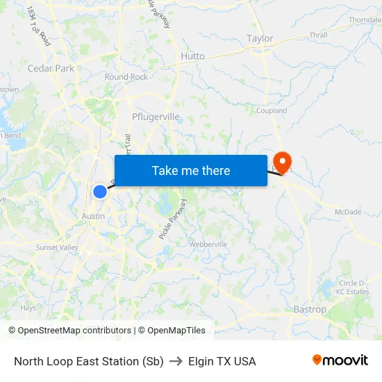 North Loop East Station (Sb) to Elgin TX USA map