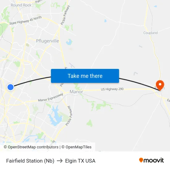 Fairfield Station (Nb) to Elgin TX USA map