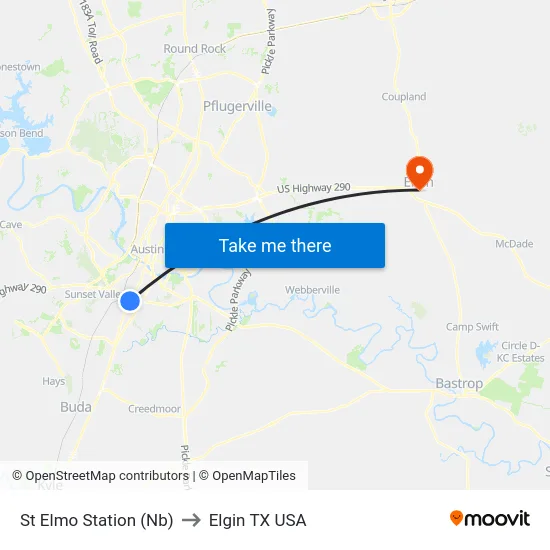 St Elmo Station (Nb) to Elgin TX USA map