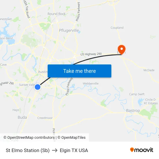St Elmo Station (Sb) to Elgin TX USA map