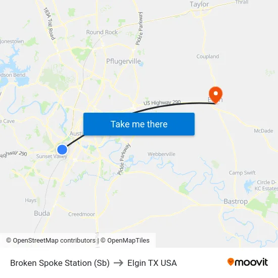 Broken Spoke Station (Sb) to Elgin TX USA map