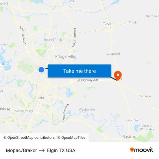 Mopac/Braker to Elgin TX USA map